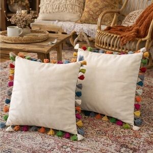 2 Rainbow Tasseled Throw Pillows Covers. White | 18x18 | Cotton | Vibrant NWOT